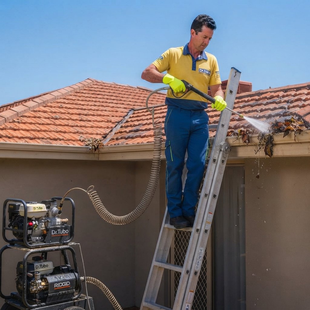 Técnico Dr Tubo limpando calha em São Paulo SP