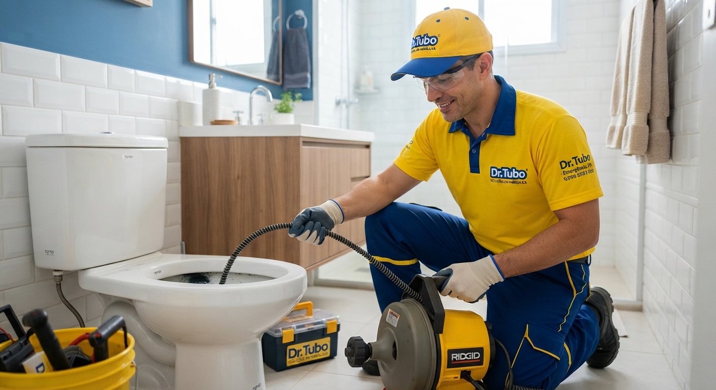 Técnico Dr Tubo desentupindo vaso sanitário no Anhangabaú, Jundiaí